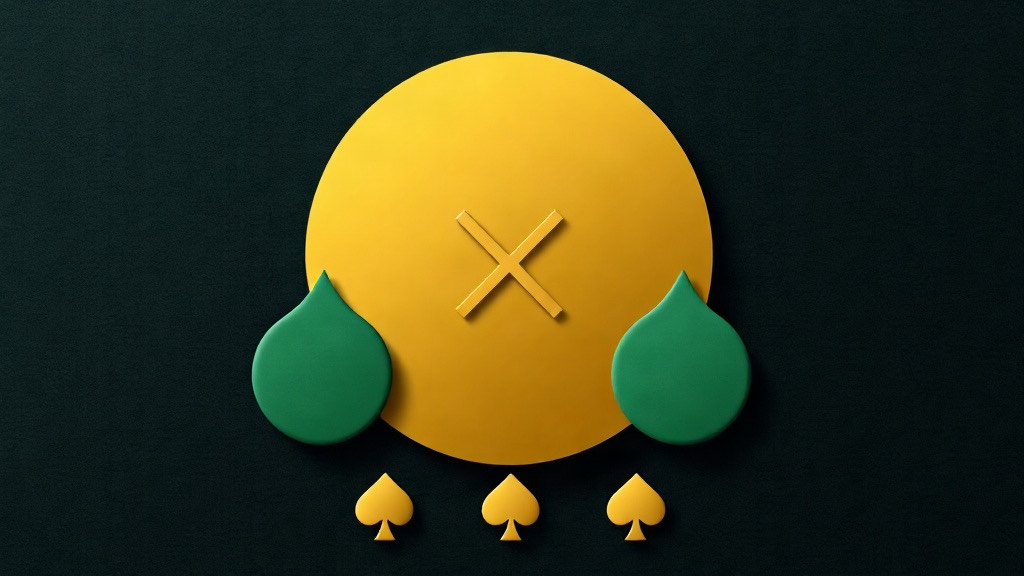 Large gold disc marked with a cross above two green suit shapes, illustrating why you never split 10s in blackjack