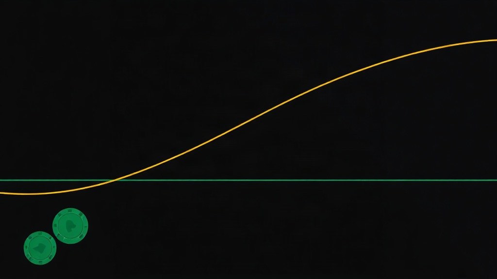 A gold line rising from below a level green line to well above it, beside two green chips, illustrating how the player's edge moves with the true count