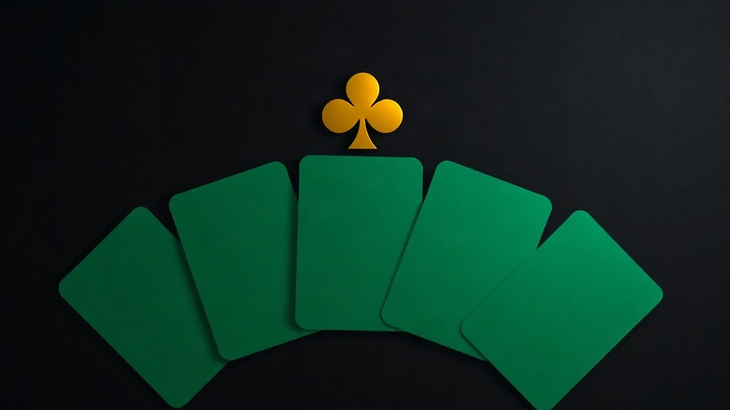 Five blank green cards fanned in an arc beneath a gold club, illustrating Pontoon and its five card trick