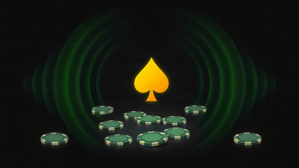 A glowing gold spade ringed by green sound wave arcs and scattered chips, illustrating practicing blackjack strategy with table distractions