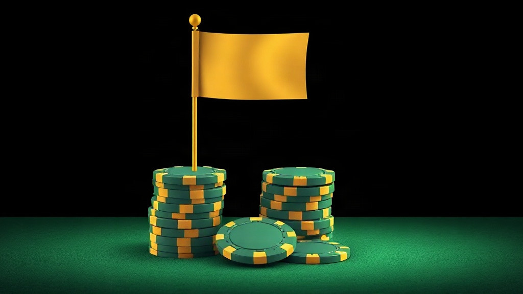 A plain gold flag planted on a stack of green chips beside loose chips on felt, illustrating practicing blackjack surrender decisions