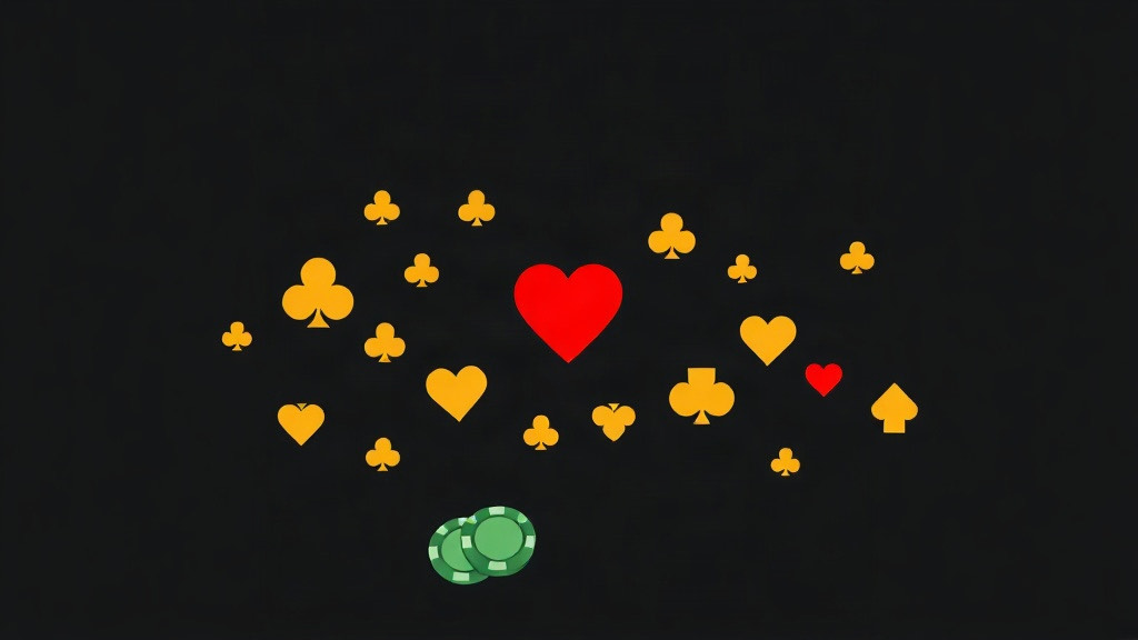 Gold suit symbols scattered on dark felt with two red hearts glowing among them, illustrating the Red Seven card counting system