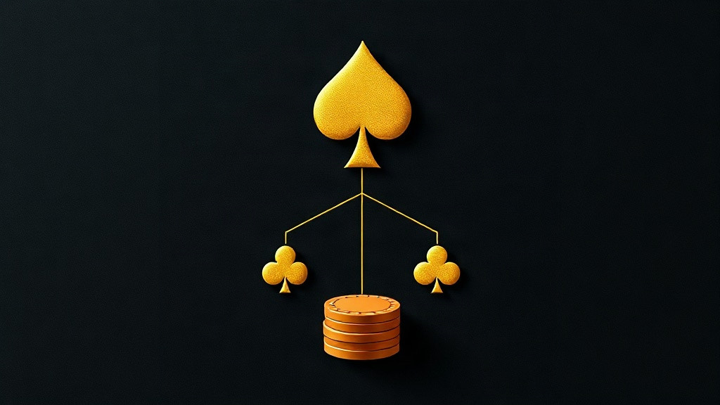Gold spade branching along two lines into a pair of club glyphs above a stack of chips, illustrating the resplitting aces rule in blackjack