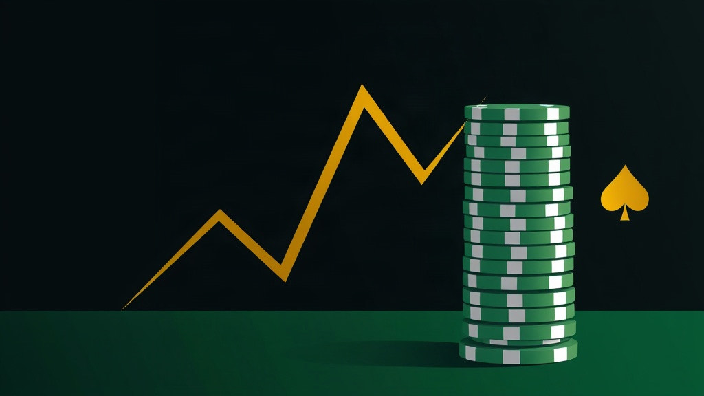 Jagged gold line rising and falling beside a tall green chip stack, illustrating blackjack risk of ruin and bankroll survival