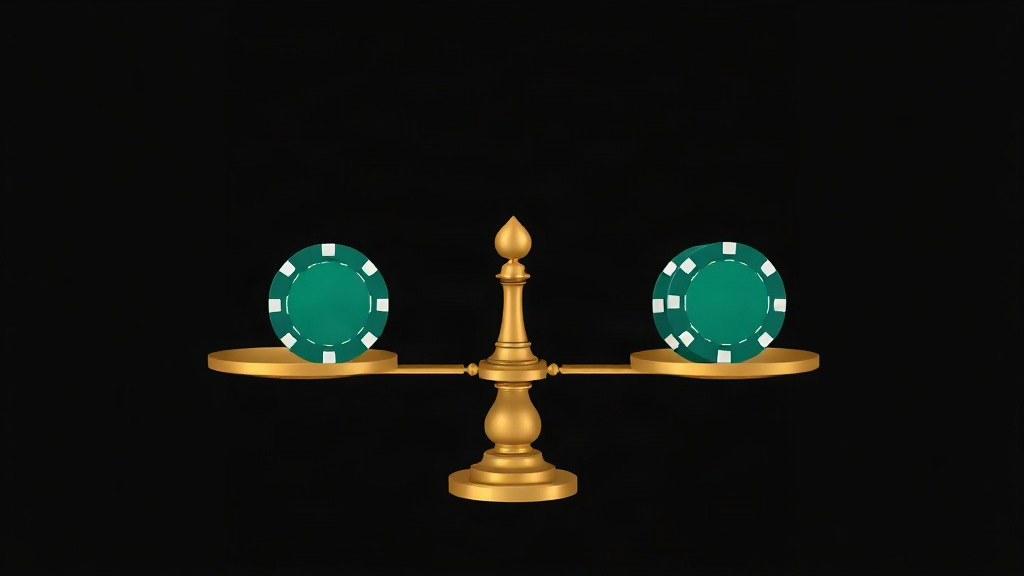 A level gold balance scale with green chips on each pan, illustrating blackjack rules where the dealer wins ties