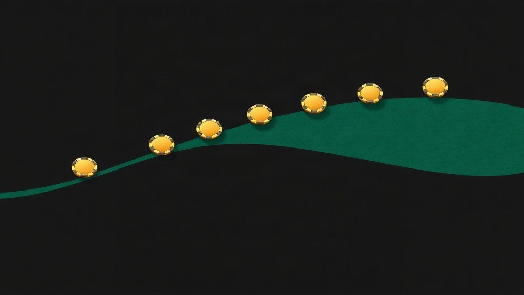 Gold chips stepping up along a green curve, illustrating running count to true count conversion in card counting