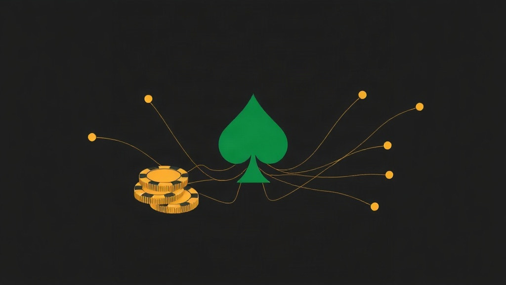 Thin gold paths branching from a stack of gold chips around a green spade, illustrating how blackjack session length affects variance and results