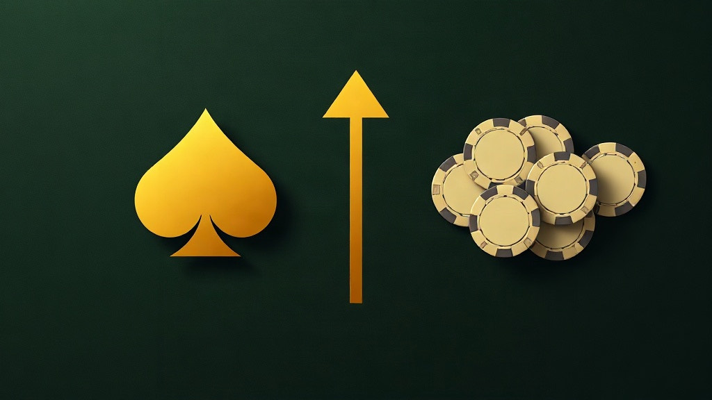 Gold spade, a rising arrow and a pile of blank poker chips on green felt, illustrating how to play 16 against a dealer 10 in blackjack