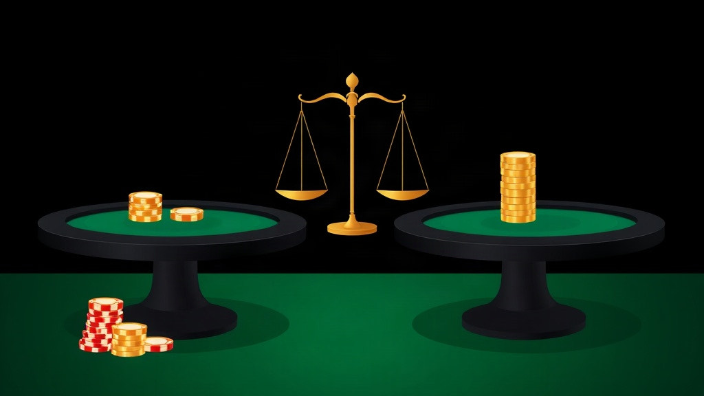 Gold balance scale between two tables with small and tall chip stacks, illustrating blackjack table minimums versus table rules