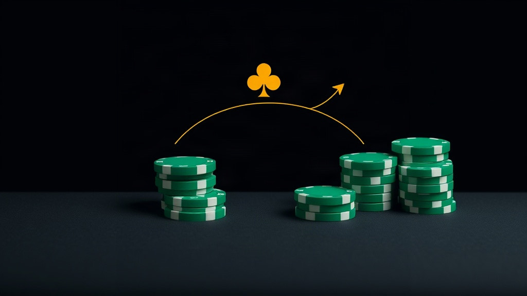 A gold arrow arcing from one stack of green chips to another beneath a gold club, illustrating teaching card counting to someone else