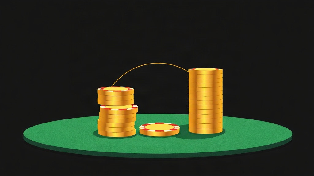 A tall and a short gold chip stack joined by an arc on green felt, illustrating teaching someone blackjack basic strategy
