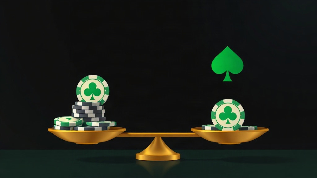 A gold balance scale holding club-marked poker chips on both pans beneath a green spade, illustrating true count rounding conventions in card counting