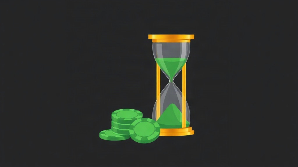 A gold hourglass with green sand beside a small stack of green chips on a dark background, illustrating when card counting is not worth the effort