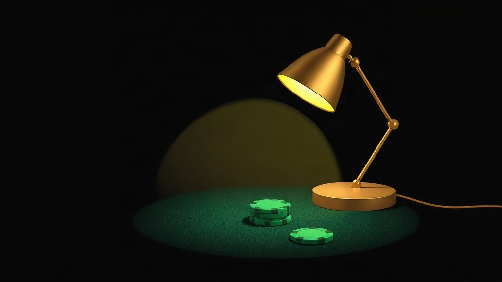 A gold desk lamp casting a soft circle of light over a few green chips on dark felt, illustrating when to end a blackjack practice session