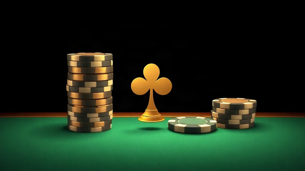 Tall and short chip stacks flanking a gold club on felt, illustrating the hit or stand decision in blackjack