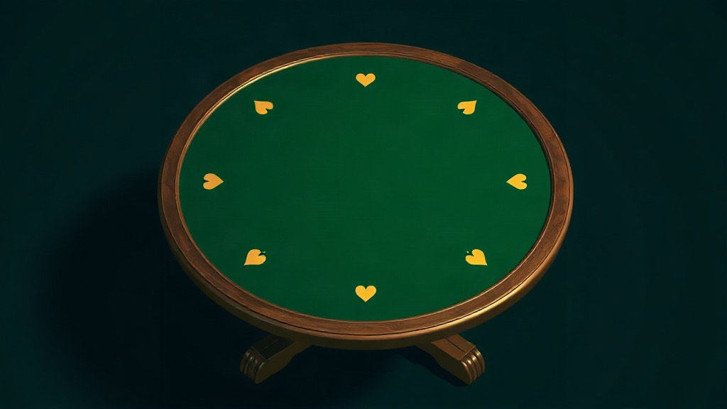 An antique round table with a green felt top and small gold hearts and spades around its rim, illustrating the history of blackjack